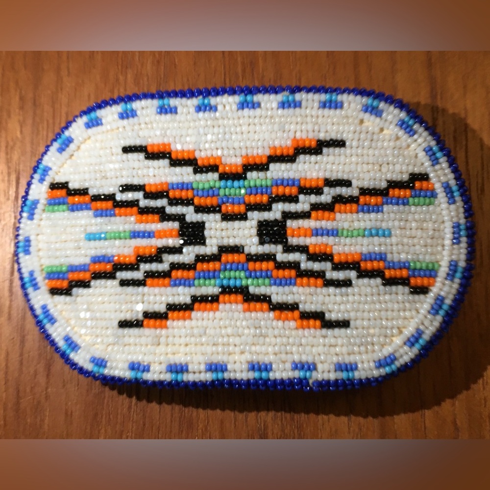 Superb Vtg Zuni HAND BEADED BELT BUCKLE in Org/Blue/Blk/Wht. Native
